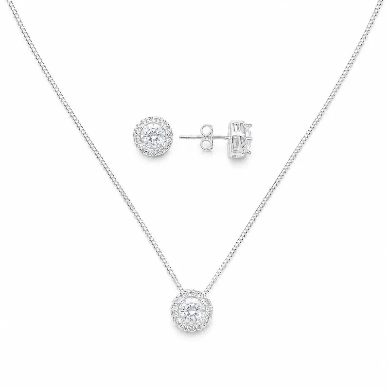 Conjunto Ponto de Luz Borda Cravejada Folheado a Prata com Zircônias - 9 mm, 6 mm