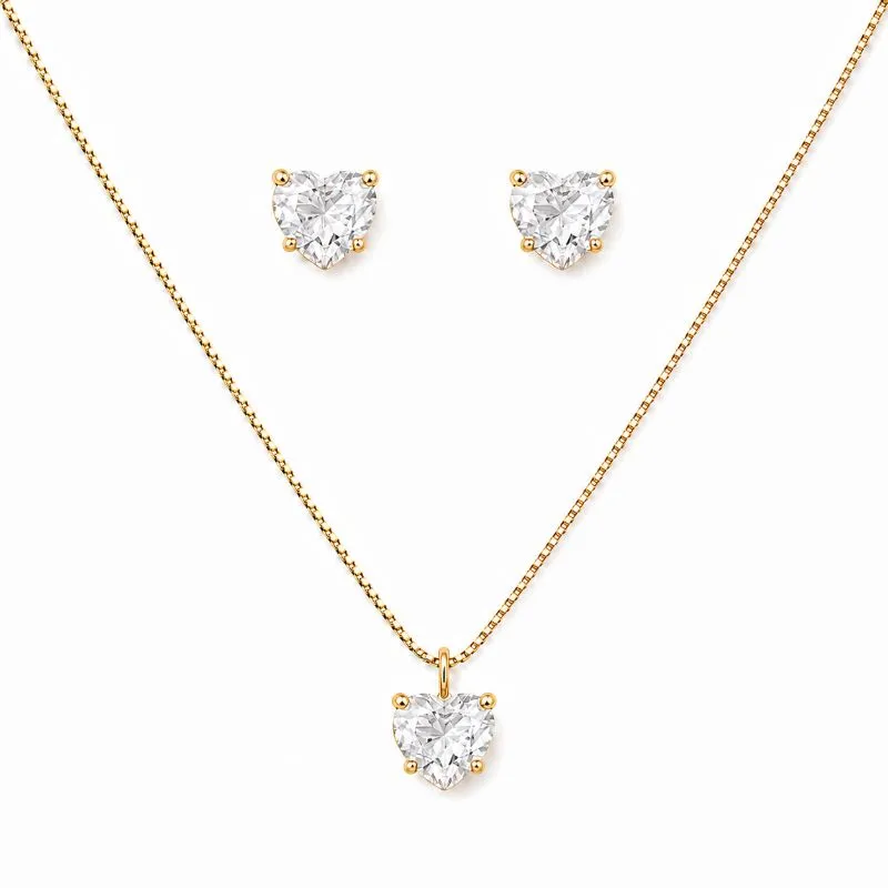 Conjunto Ponto de Luz Coração Banhado a Ouro 18k com Zircônias - 6mm