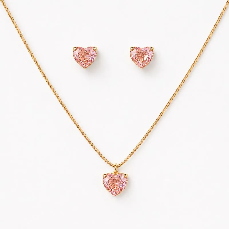 Conjunto Ponto de Luz Rosa Coração Banhado a Ouro 18k com Zircônia Rosa - 6mm