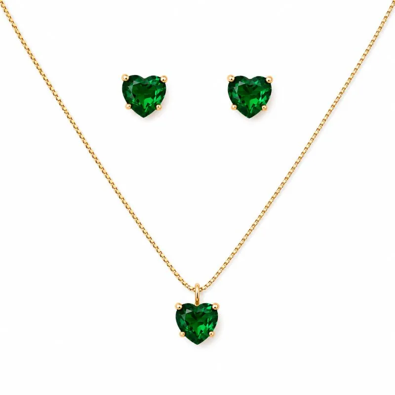 Conjunto Ponto de Luz Verde Coração Banhado a Ouro 18k com Zircônia Verde - 6mm