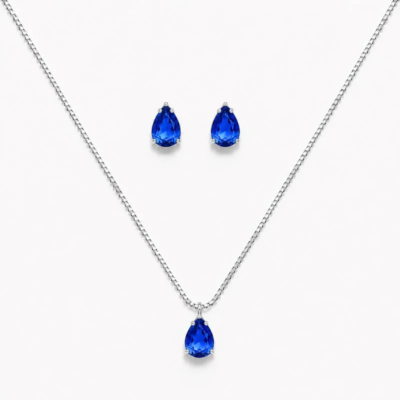 Conjunto Ponto de Luz Gota Azul Bic Folheado a Prata com Zircônias Azul - 6mm