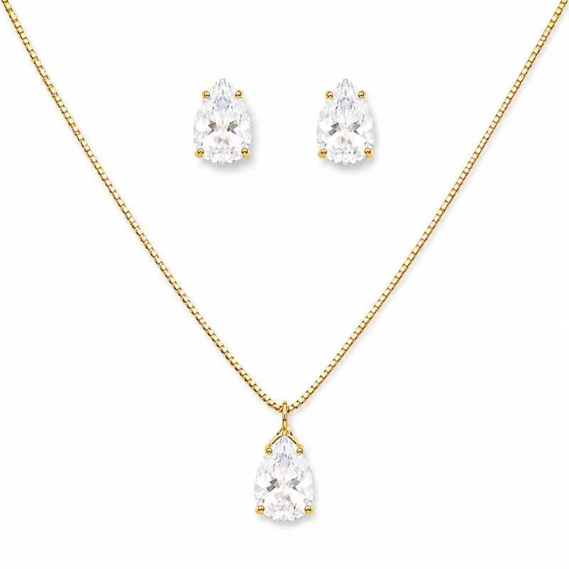 Conjunto Ponto de Luz Gota Banhado a Ouro 18k com Zircônias - 8 mm