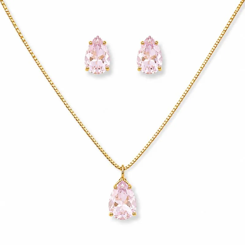 Conjunto Ponto de Luz Rosa Gota Banhado a Ouro 18k com Zircônia Rosa - 8 mm