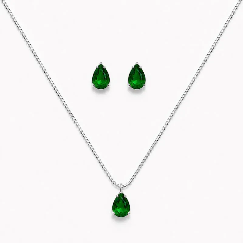 Conjunto Ponto de Luz Gota Verde Folheado a Prata com Zircônias Verde - 6mm