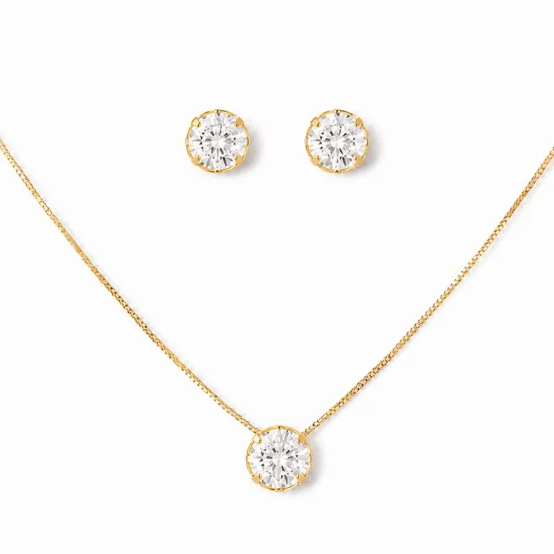 Conjunto Ponto de Luz Redondo Banhado a Ouro 18k com Zircônias - 8 mm