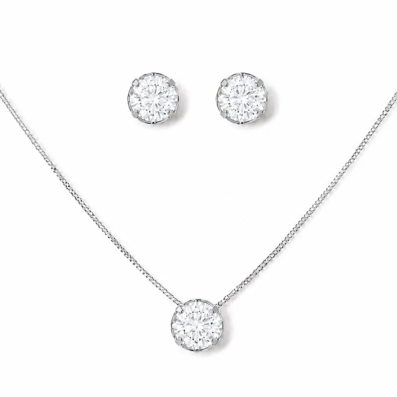Conjunto Ponto de Luz Redondo Folheado a Prata com Zircônias - 8 mm