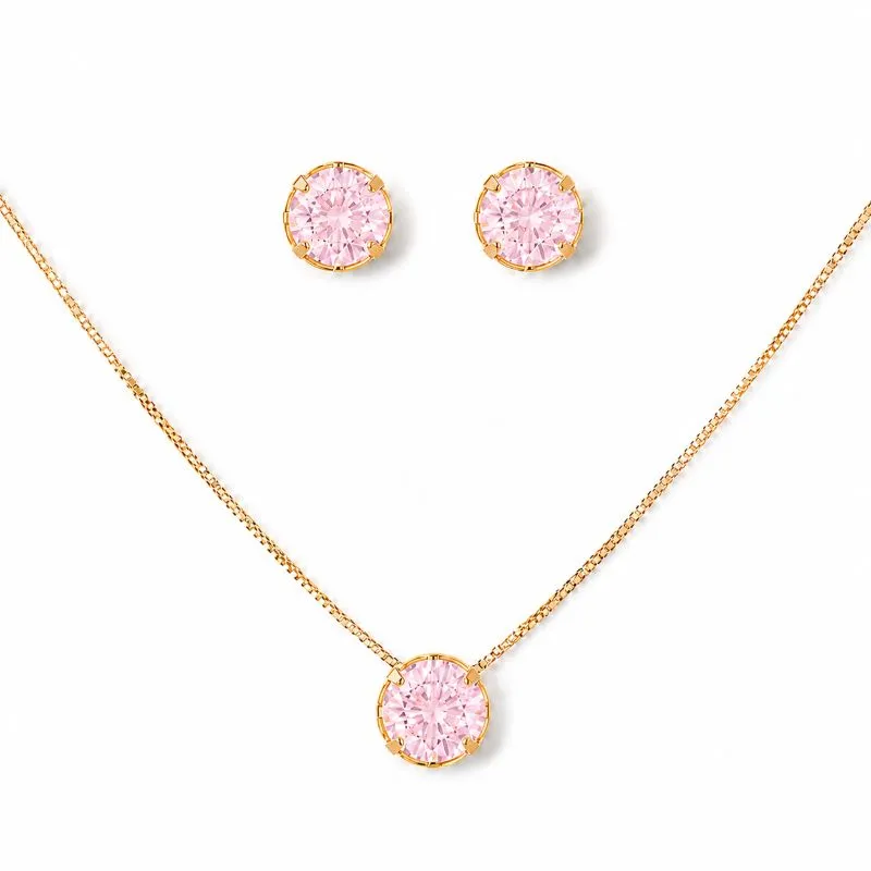 Conjunto Ponto de Luz Redondo Rosa Banhado a Ouro 18k com Zircônia Rosa - 8 mm