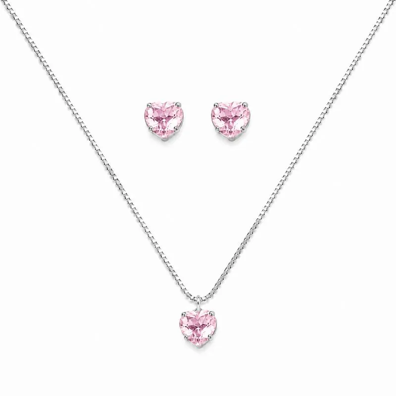 Conjunto Ponto de Luz Rosa Coração Folheado a Prata com Zircônias Rosa - 6mm
