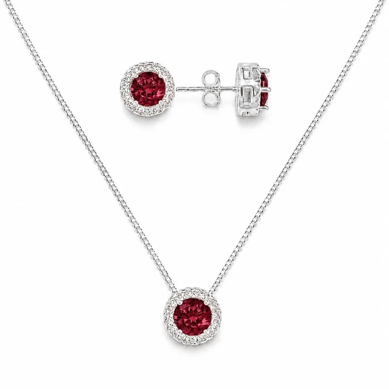 Conjunto Ponto de Luz Vermelho Borda Cravejada Folheado a Prata com Zircônias - 9 mm
