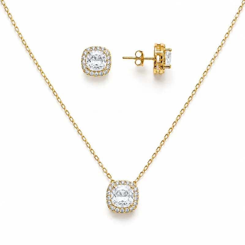 Conjunto Quadrado com Borda Cravejada Banhado a Ouro 18k com Zircônia - 1,2 cm, 1 cm