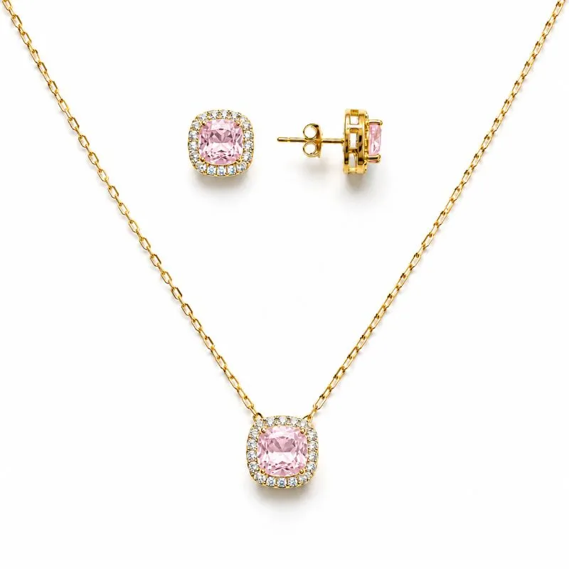 Conjunto Quadrado Rosa com Borda Cravejada Banhado a Ouro 18k com Zircônias - 1,2 cm, 1cm