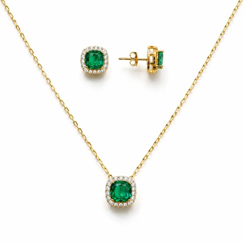 Conjunto Quadrado Verde Borda Cravejada Banhado a Ouro 18k com Zircônias - 1,2 cm, 1 cm