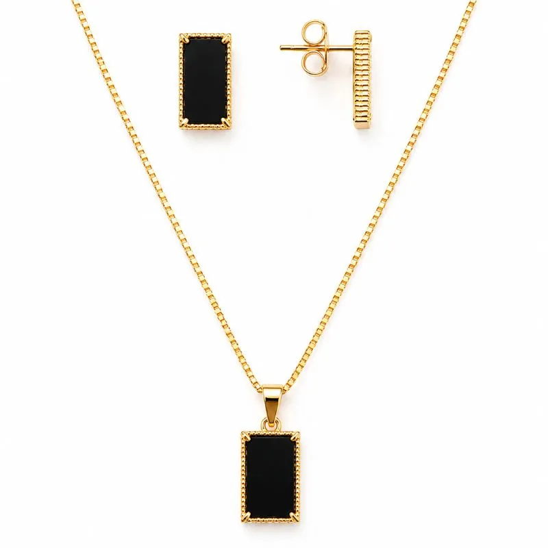 Conjunto Retangular Preto Banhado a Ouro 18k - Ping. 2 cm, Brinco 1,2 cm