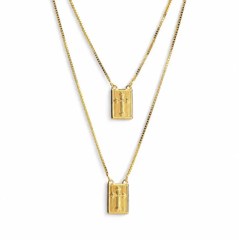 Corrente Escapulário Medalha Cruz Banhado a Ouro 18k - 60 cm