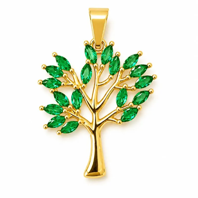 Pingente Arvore da Vida Verde Banhado a Ouro 18k com Zircônias Verdes - 2,5 cm