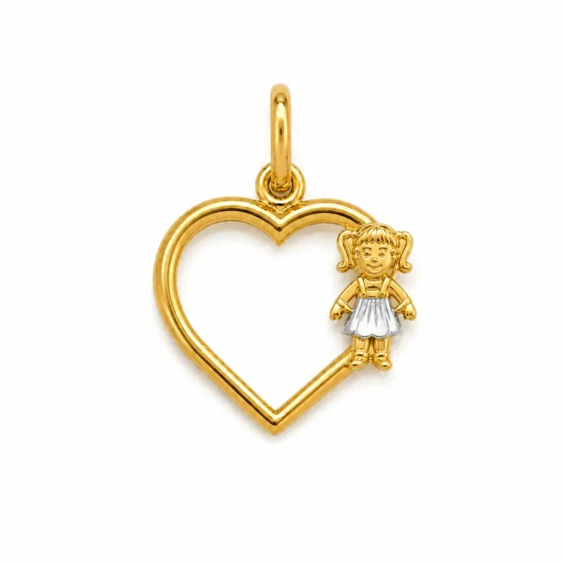 Pingente Coração Vazado com 1 Menina Banhado a ouro 18k - 1,5 cm