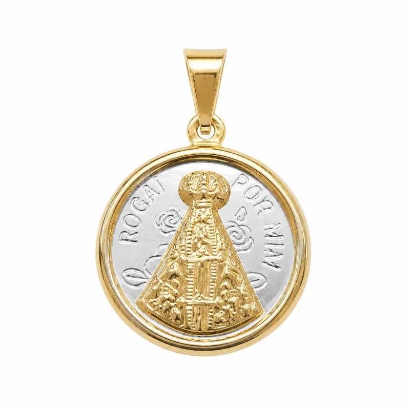 Pingente Nossa Senhora Aparecida Medalha Dupla Face Ródio + Banhado a Ouro 18k - 2,1 cm
