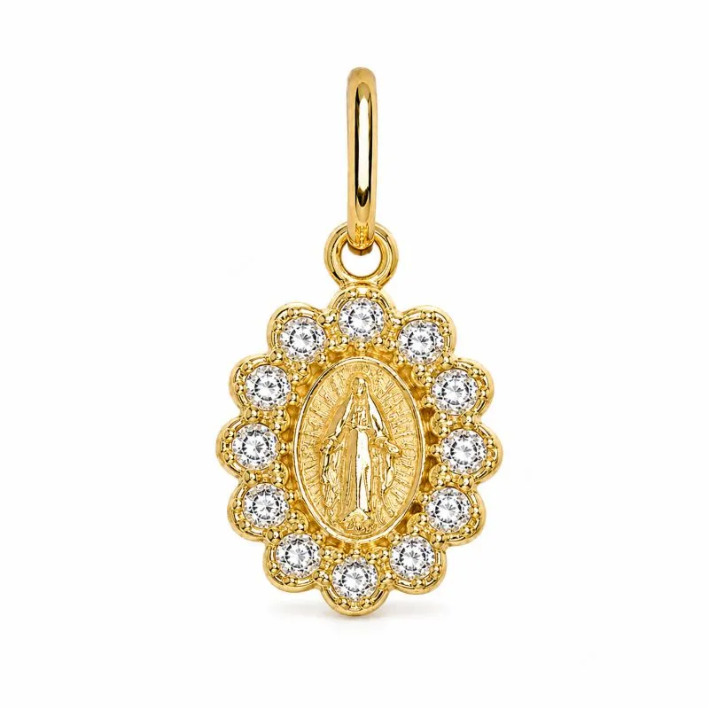 Pingente Nossa Senhora Borda com Pedras Banhada a Ouro 18k com Zircônias -1,5 cm