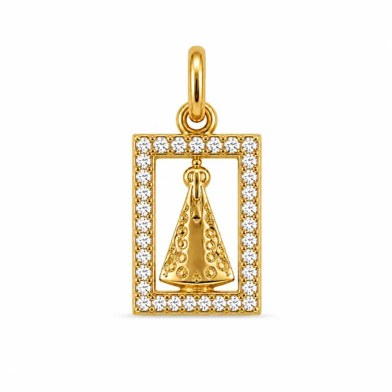 Pingente Nossa Senhora com Moldura Cravejada Banhado a Ouro 18k com Zircônias