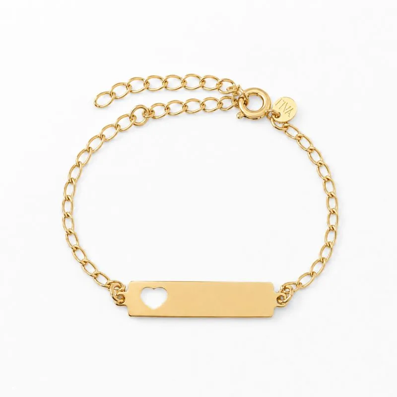 Pulseira Chapa Coração Vazado Infantil Banhada a Ouro 18k - 12 cm + 3 cm (Alongador)