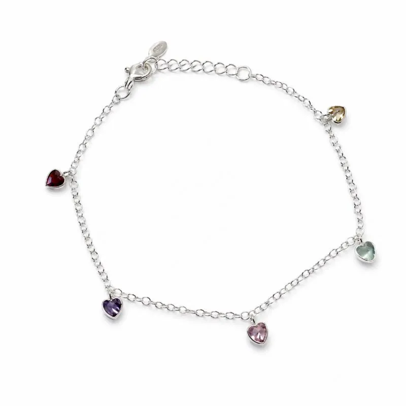 Pulseira com Corações Prata 925 Zircônias Coloridas - 16cm + 2cm(alongador)