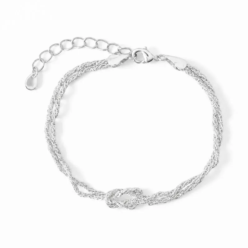 Pulseira Dupla Cordão com Nó Entrelaçado Folheada a Prata - 18 cm + 5 cm (Alongador)