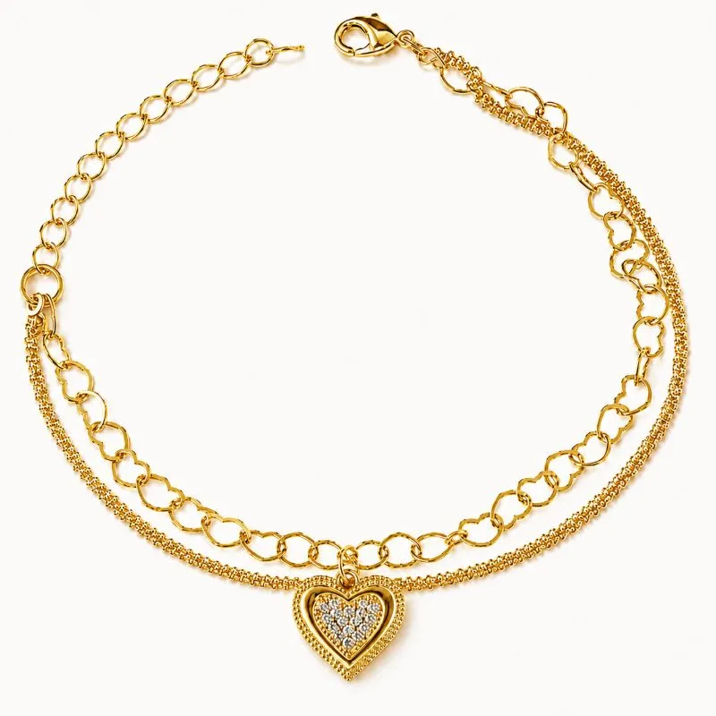 Pulseira Dupla Singapura e Elos de Coração Banhada a Ouro 18k com Zircônias - 16 cm