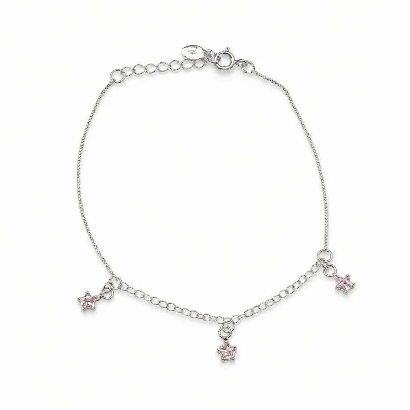 Pulseira Estrelas Prata 925 com Zircônias Rosa - 16cm + 2cm (Alongador)
