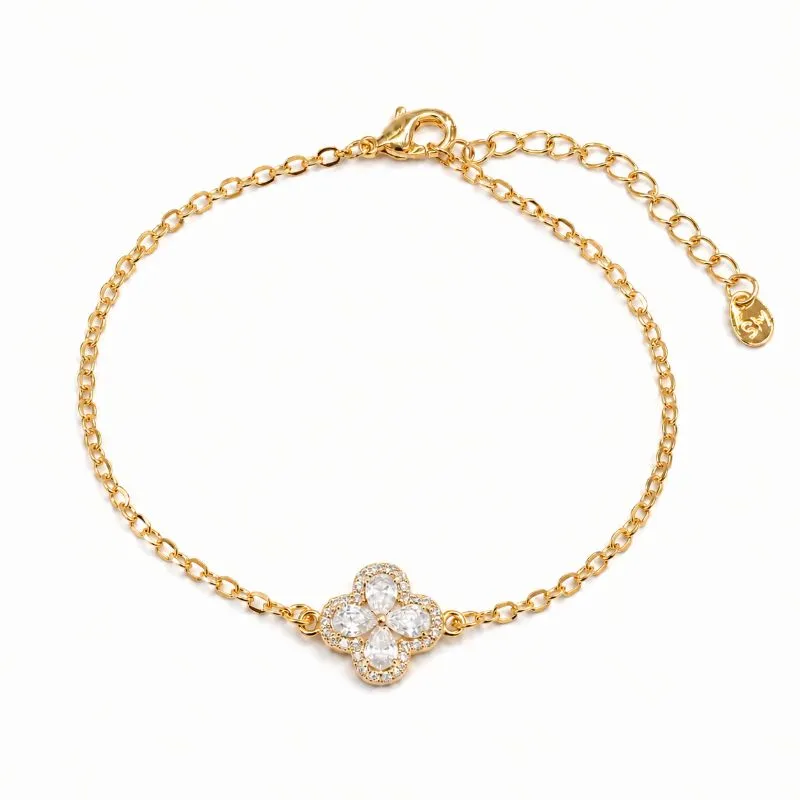 Pulseira Flor 4 Pétalas Banhada a Ouro 18k com Zircônias-16 cm + 4 cm (Alongador)