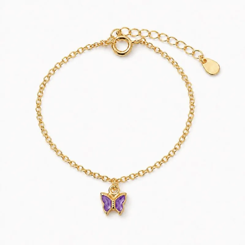 Pulseira Infantil Borboleta Lilás Banhada a Ouro 18k com Zircônia Lilás -12 cm + 3 cm (Alongador)