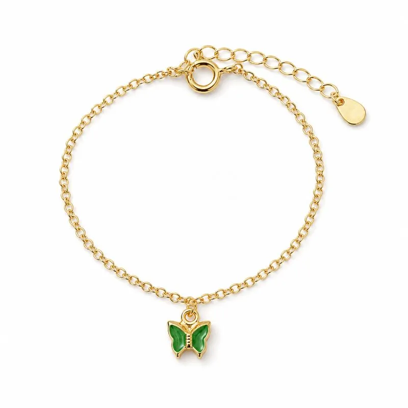 Pulseira Infantil Borboleta Verde Banhada a Ouro 18k com Zircônia Verde - 12 cm + 3 cm (Alongador)
