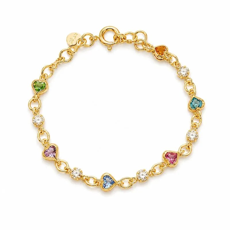 Pulseira Infantil Corações Coloridos Banhado a Ouro 18k com Cristais Coloridos - 14 cm