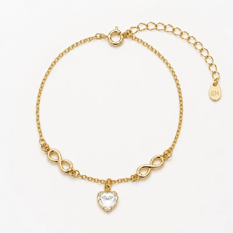 Pulseira Infinito com Coração Banhada a Ouro 18k com Zircônia - 16 cm + 4 cm (Alongador)