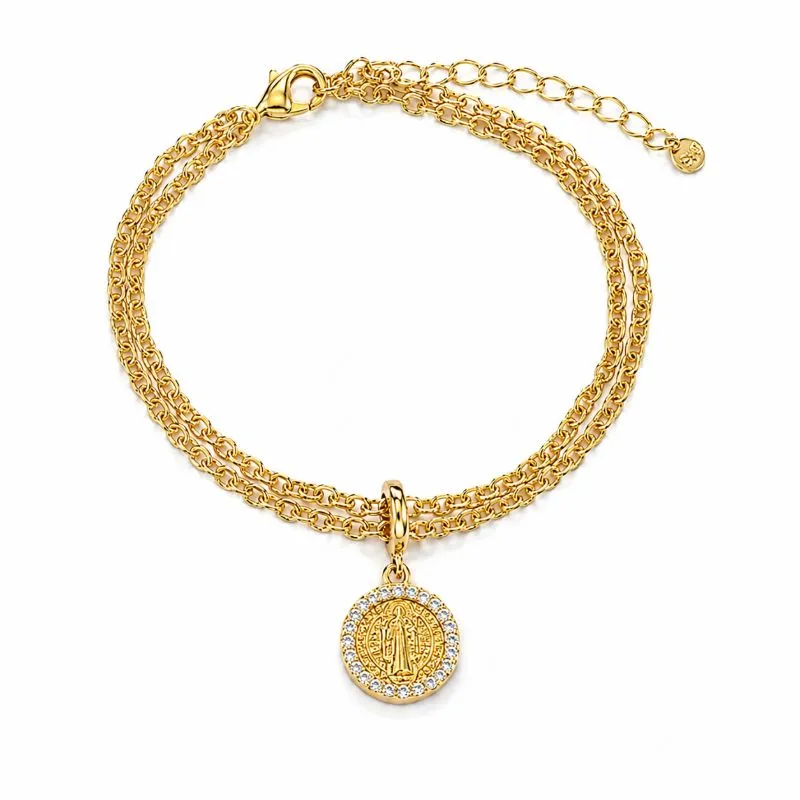 Pulseira Medalha São Bento Dupla Borda com Pedras Banhado a Ouro 18k com Zircônias - 16 cm + 4 cm (Alongador)