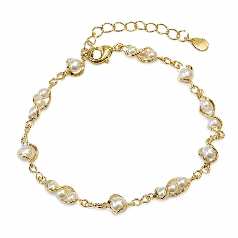Pulseira Pérola Intercalada com Fios Dourados Banhada em Ouro 18k