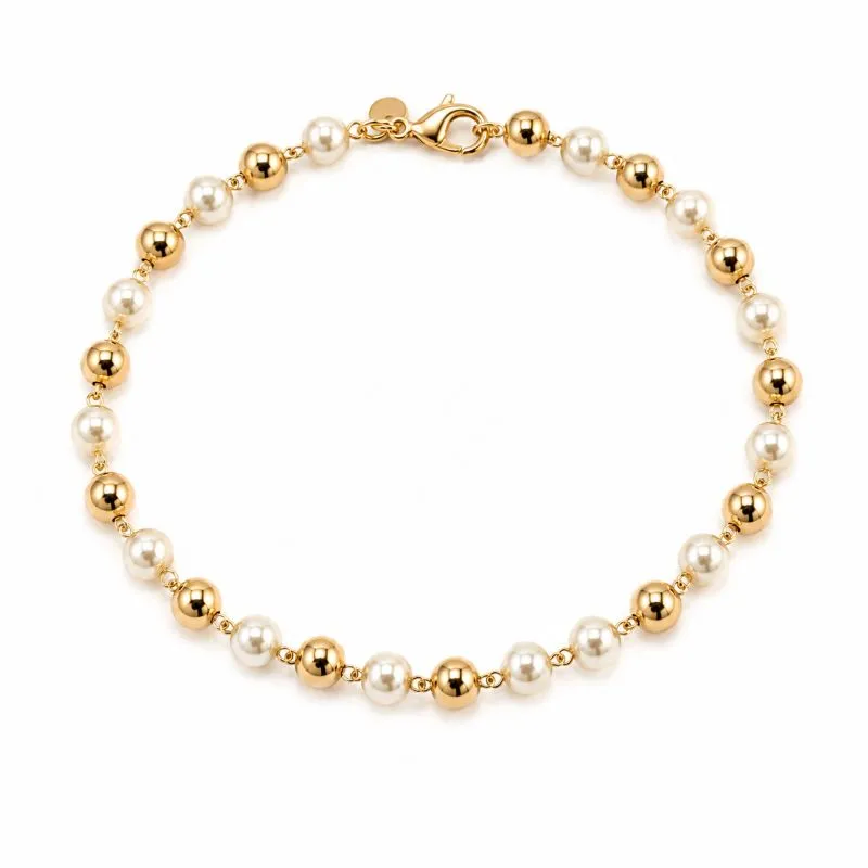 Pulseira Pérolas e Bolas Lisas Banhada a Ouro 18k -19,5 cm