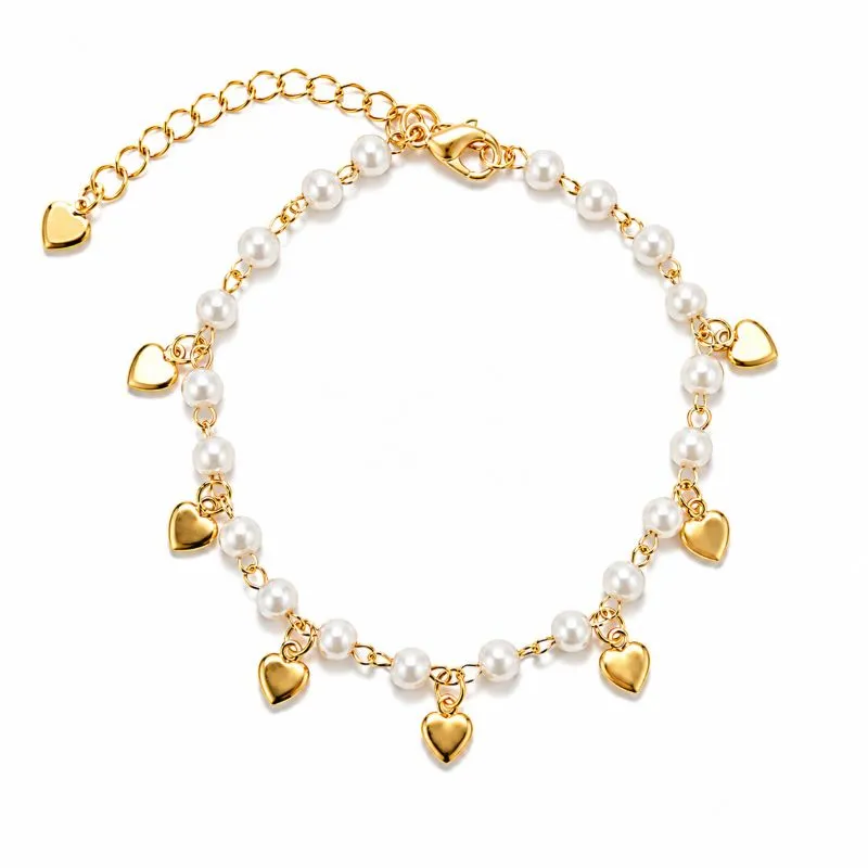 Pulseira Pérolas e Corações Banhado a Ouro 18k - 16 cm + 4 cm (Alongador)