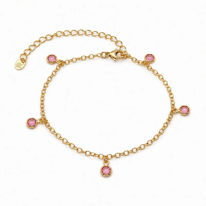 Pulseira Ponto de Luz Rosa Banhada a Ouro 18k com Zircônias Rosa - 16 cm + 4 cm (Alongador)