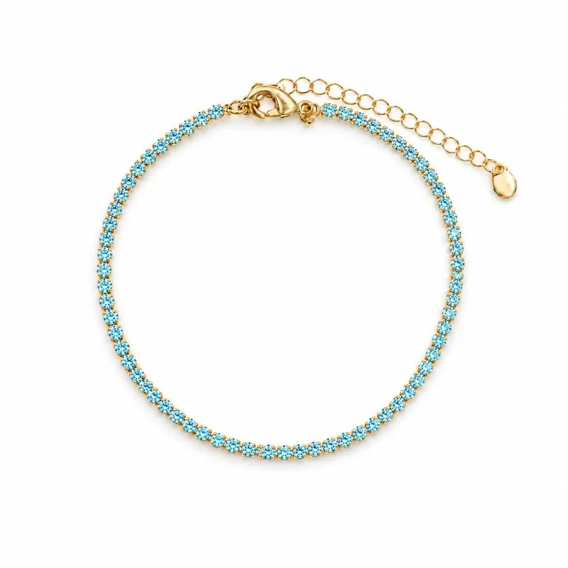 Pulseira Riviera 2 mm Azul Banhada a Ouro 18k com Zircônia Azul - 16 cm + 4 cm (Alongador)