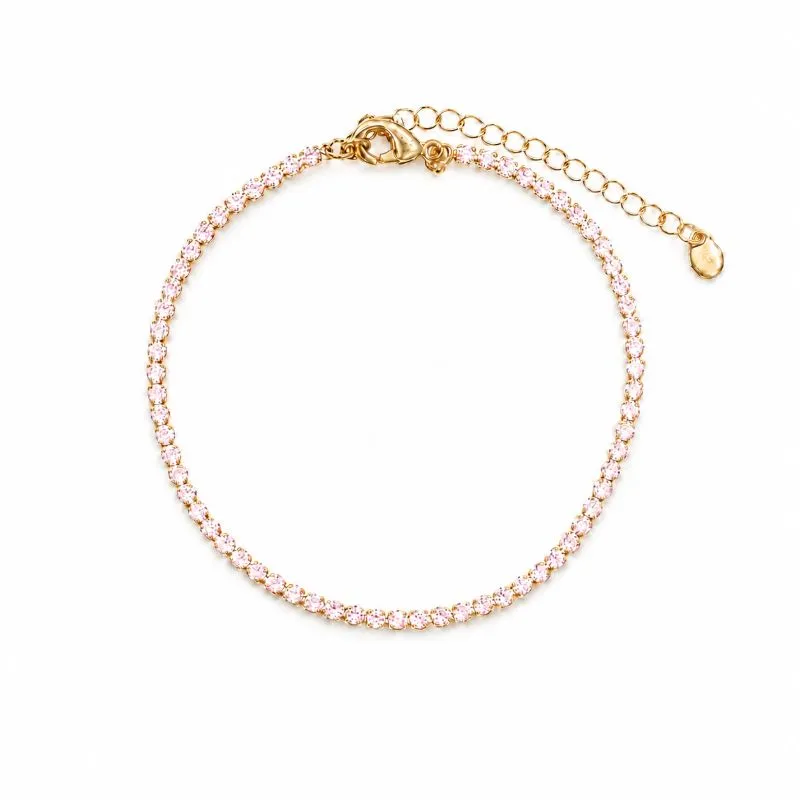Pulseira Riviera 2 mm Rosa Banhada a Ouro 18k com Zircônia Rosa - 16 cm + 4 cm (Alongador)