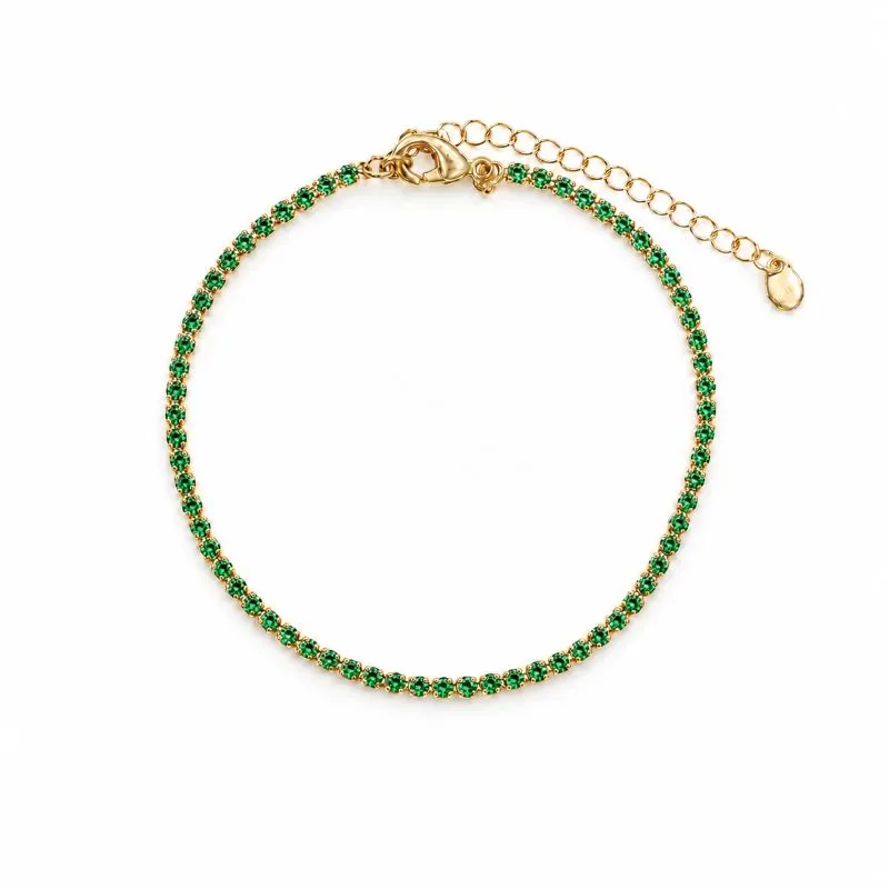 Pulseira Riviera 2 mm Verde Banhada a Ouro 18k com Zircônia Verde - 16 cm + 4 cm (Alongador)