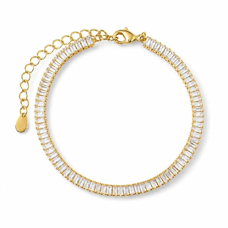 Pulseira Riviera Banhada a Ouro 18k com Zircônias Retangulares 3 mm - 16 cm + 5 cm (Alongador)