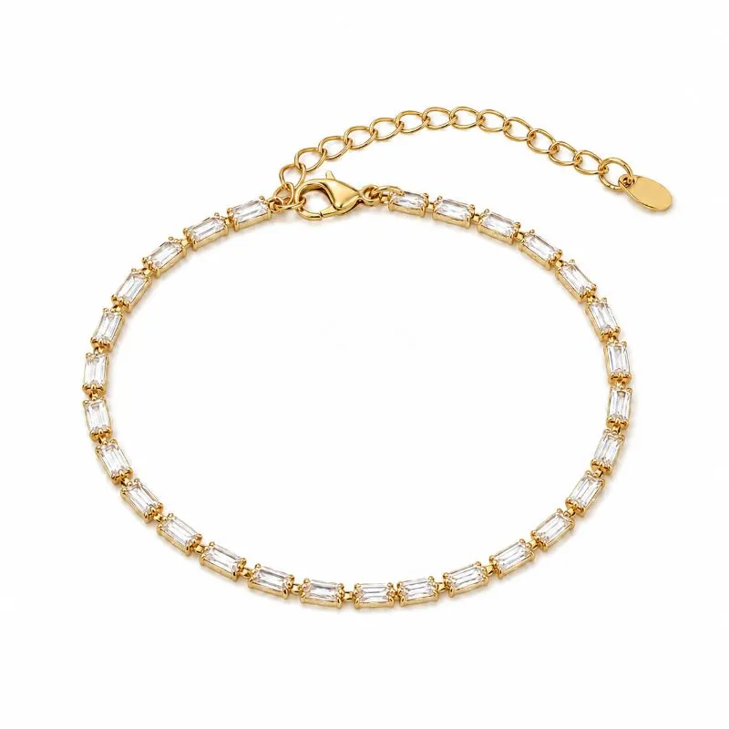Pulseira Riviera Retangular 2mm Banhada a Ouro 18k - 16 cm + 4 cm (Alongador)