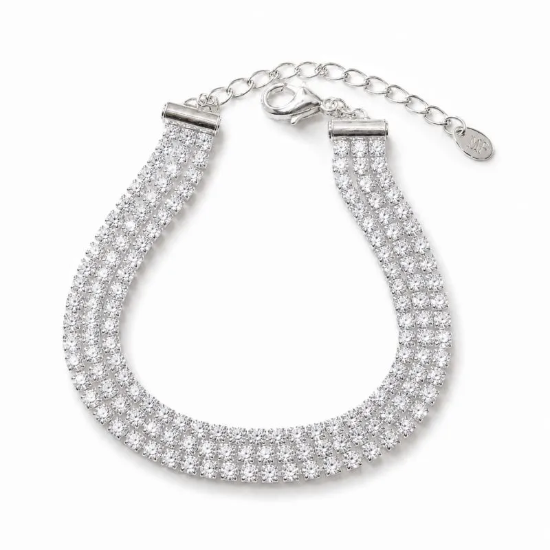 Pulseira Tripla Riviera 2 mm Folheada a Prata com Zircônia - 16 cm + 4 cm (Alongador)