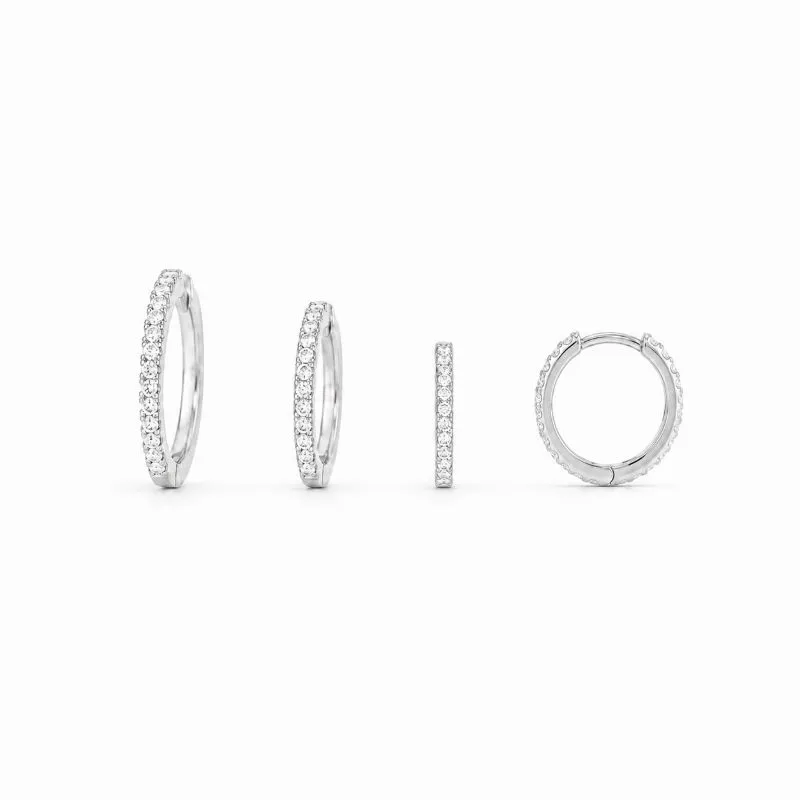 Trio de Brincos Argola 1 Linha de Pedras Folheado a Prata com Zircônias - 1,4 cm, 1,1 cm, 9 mm