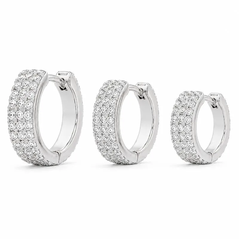 Trio de Brincos Argola com 3 Linhas de Pedra Folheado a Prata com Zircônias - 1,5 cm, 1,3 cm, 1,1 cm