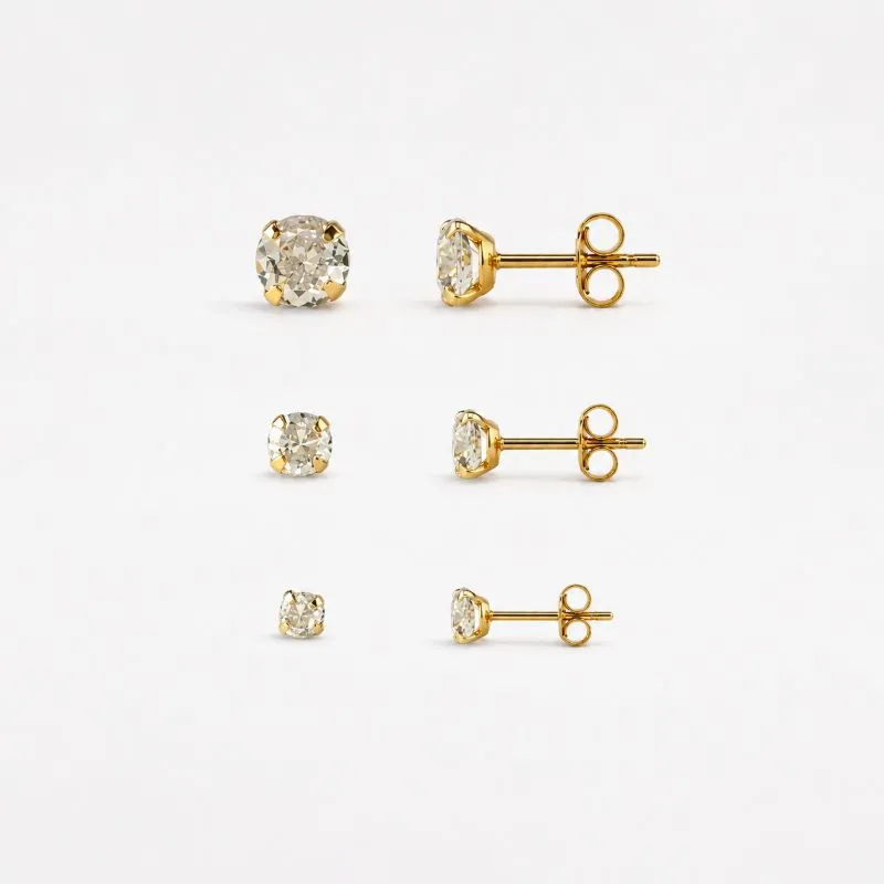 Trio de Brincos Ponto de Luz Banhado a Ouro 18k com Zircônias - 6 mm