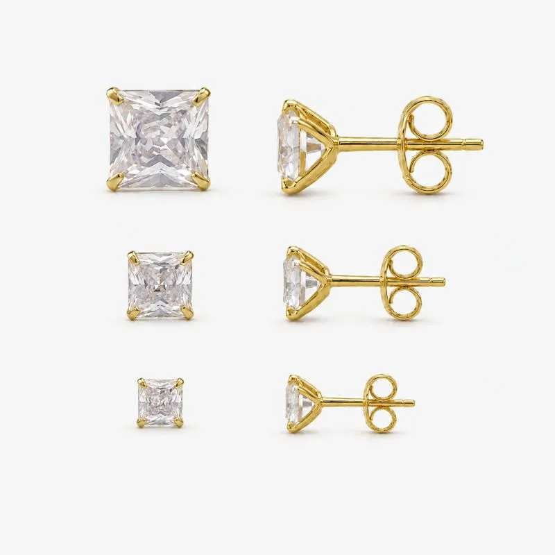 Trio de Brincos Ponto de Luz Quadrado Banhado a Ouro 18k com Zircônias - 8 mm - 5 mm - 4 mm