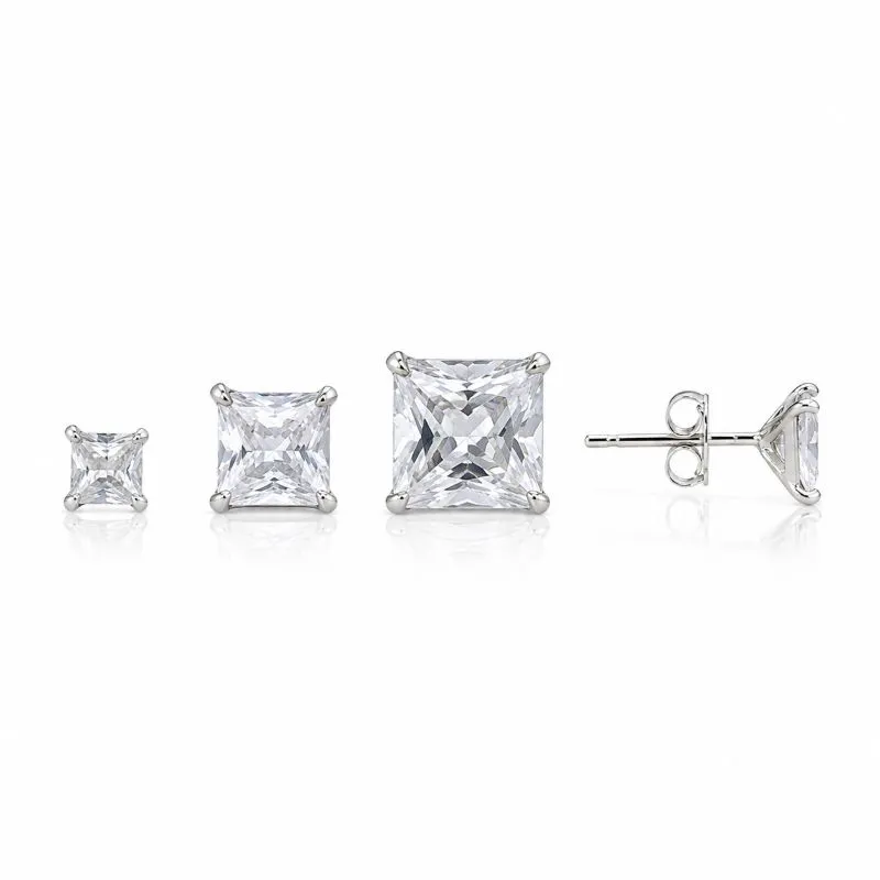 Trio de Brincos Ponto de Luz Quadrado Folheado a Prata com Zircônias - 8 mm - 5 mm - 4 mm