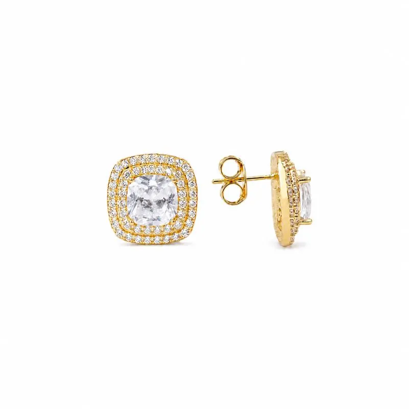 Brinco Quadrado Cravejado com Pedra Central 6mm Banhado a Ouro 18k - 1 cm
